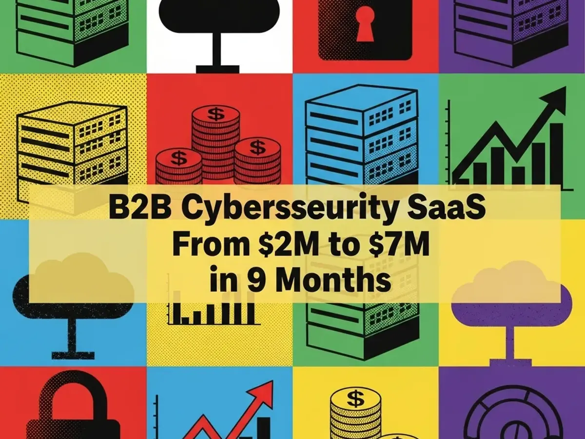 Illustrated cover for the B2B cyber security SaaS case study, showing servers, padlocks and a rising revenue chart