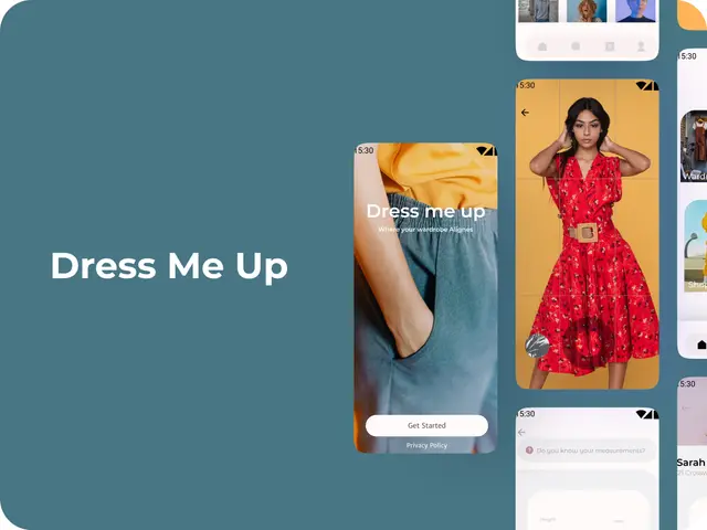 Dress Me Up fashion app screens showing outfit suggestions on a slate blue background