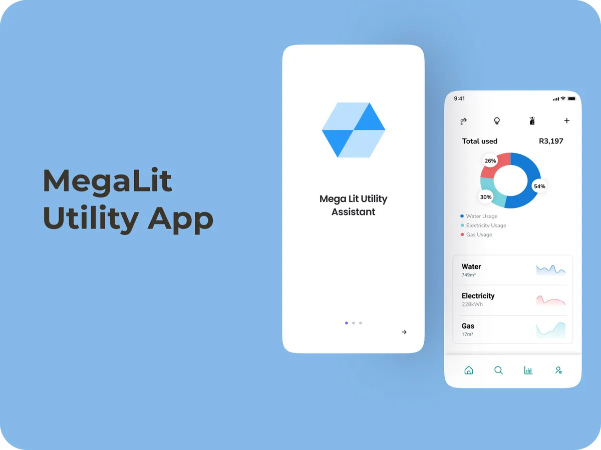 MegaLit utility app screens with a usage donut chart and assistant screen on a blue background