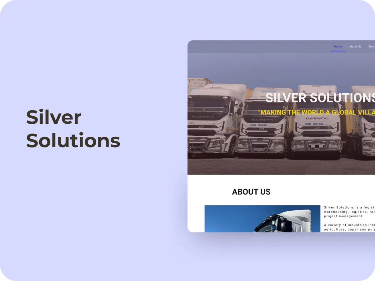 Silver Solutions Logistics website homepage showing a fleet of trucks, displayed on a lilac background