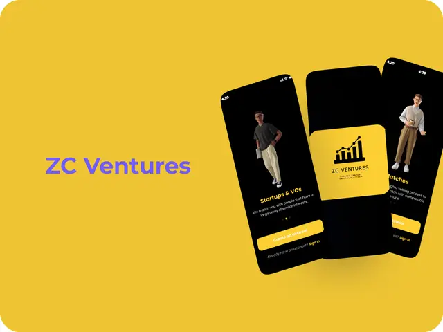 ZC Ventures mobile app screens on a yellow background